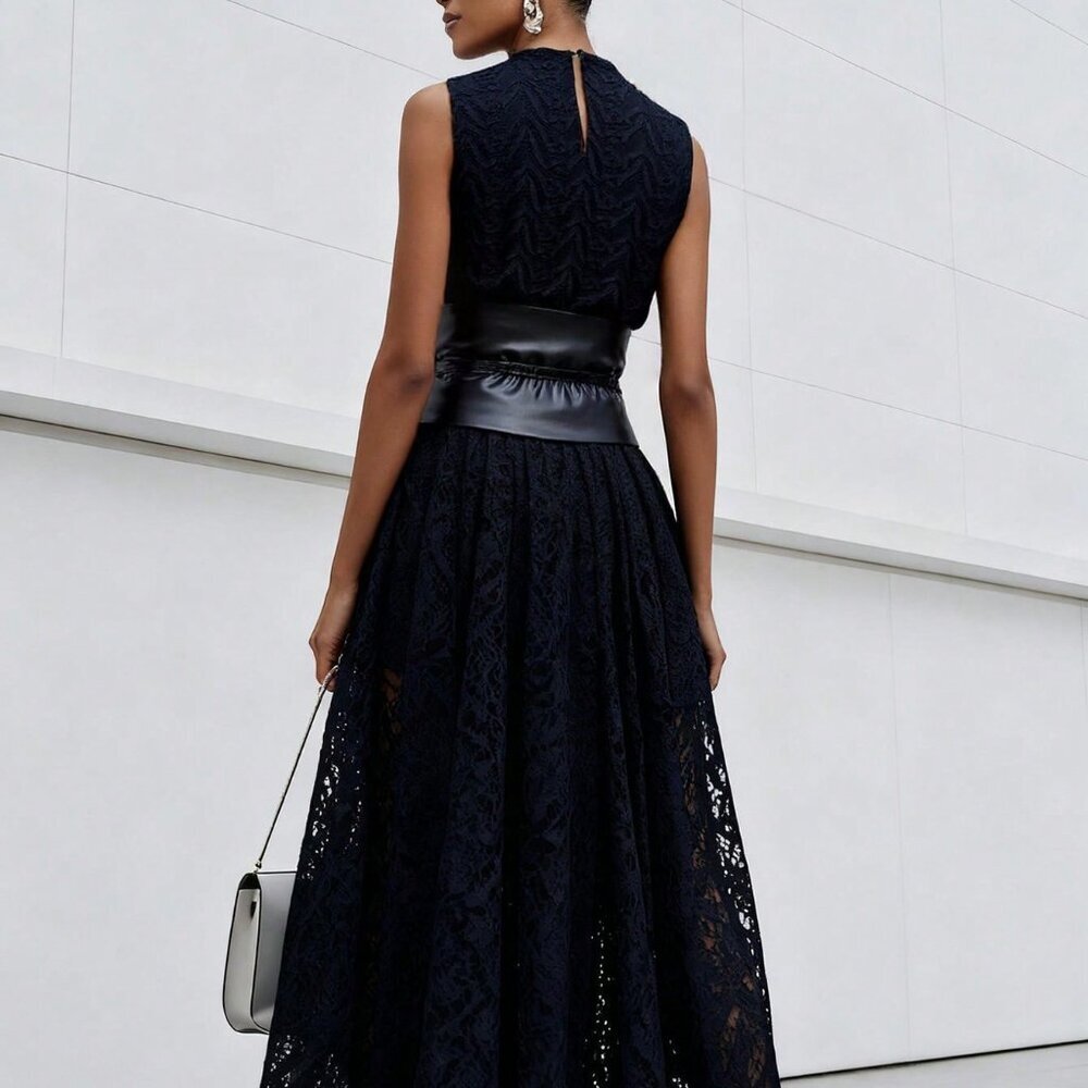 Black Elegant Women's Sexy Sleeveless Lace Front Cutout Maxi Dress - Picture 2 of 7